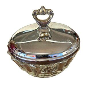 Vintage Diamond Cut Glass Candy Dish With Silver-Toned Lid & Ornate Handle